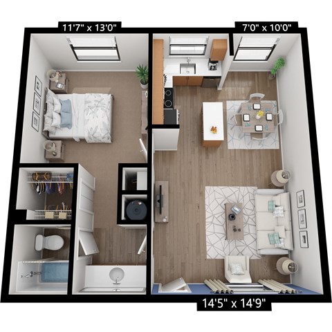 Floor plan for 1 bed, 1 bath, 714 sqft